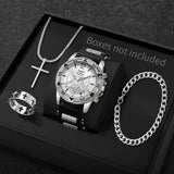 Conjunto de Estilo Masculino 4 Peças – Relógio de Quartzo Dourado, Colar com Cruz, Pulseira e Anel