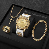 Conjunto de Estilo Masculino 4 Peças – Relógio de Quartzo Dourado, Colar com Cruz, Pulseira e Anel