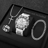 Conjunto de Estilo Masculino 4 Peças – Relógio de Quartzo Dourado, Colar com Cruz, Pulseira e Anel