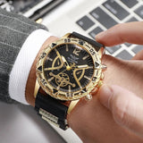 Conjunto de Estilo Masculino 4 Peças – Relógio de Quartzo Dourado, Colar com Cruz, Pulseira e Anel