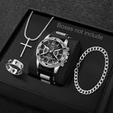 Conjunto de Estilo Masculino 4 Peças – Relógio de Quartzo Dourado, Colar com Cruz, Pulseira e Anel
