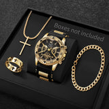 Conjunto de Estilo Masculino 4 Peças – Relógio de Quartzo Dourado, Colar com Cruz, Pulseira e Anel