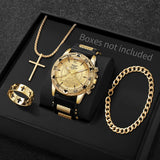 Conjunto de Estilo Masculino 4 Peças – Relógio de Quartzo Dourado, Colar com Cruz, Pulseira e Anel